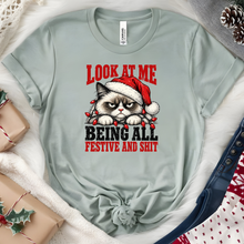 Wholesale Grumpy Christmas Cat Graphic Tee - Heather Sage