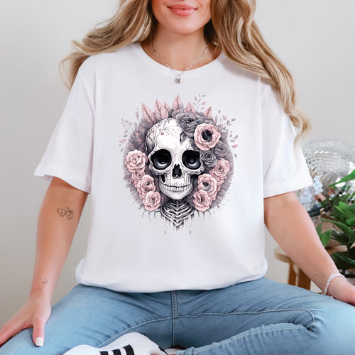Skull with Pink Roses Graphic Tee
