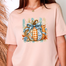 Wholesale Striped Patchwork Pumpkin Graphic Tee - Peach