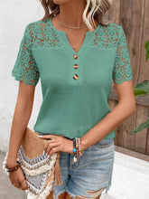 Spliced Lace Notched Neck Waffle-Knit Top