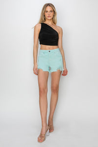 RISEN Mid Waist Frayed Hem Denim Shorts