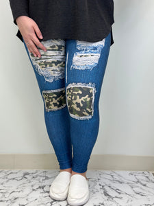 Camo Blue Denim Leggings w/ Butt Pockets