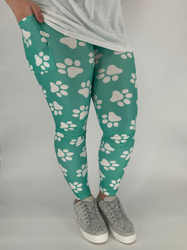 Teal Paw Leggings w/ Pockets