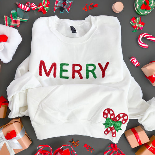 Merry bold chain stitch with front candy cane bow