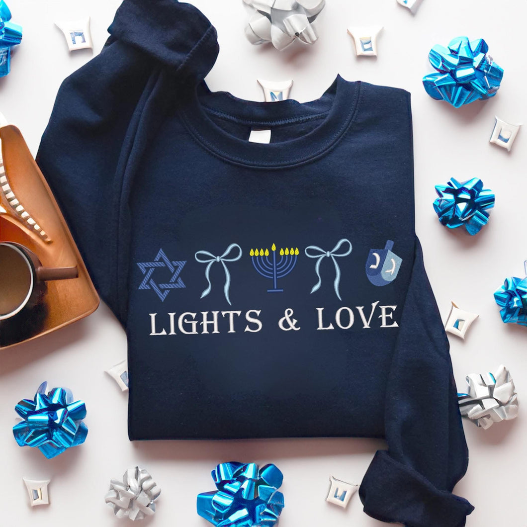 Lights and love embroidered navy sweatshirt
