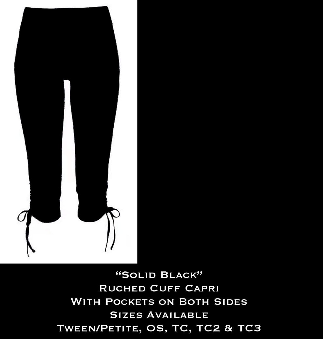 Solid Black Ruched Cuff Capris with Side Pockets
