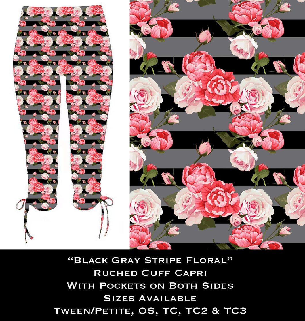 Black Gray Stripe Floral Ruched Cuff Capris with Side Pockets