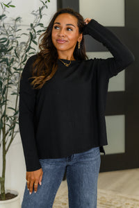 Wander & Rest Cable Ribbed Knit Drop Shoulder Top in Black
