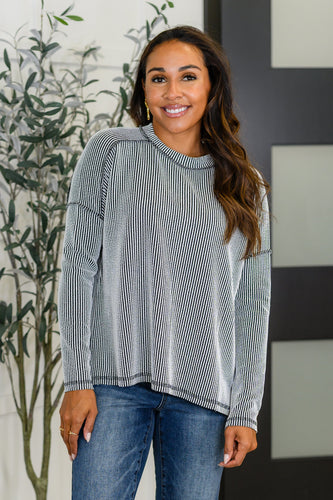 Wander & Rest Cable Ribbed Knit Drop Shoulder Top in Black/White