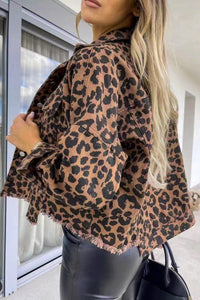 Leopard Raw Hem Denim Jacket