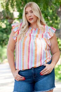 Plus Size Striped Round Neck Flutter Sleeve Blouse