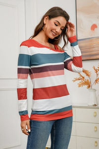 Striped Asymmetrical Neck Long Sleeve T-Shirt