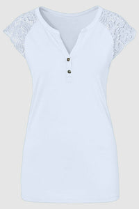 Lace Detail Notched Cap Sleeve T-Shirt
