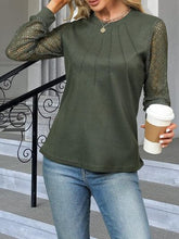 Waffle-Knit Round Neck Long Sleeve Blouse