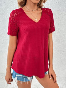 Lace Detail V-Neck Short Sleeve T-Shirt