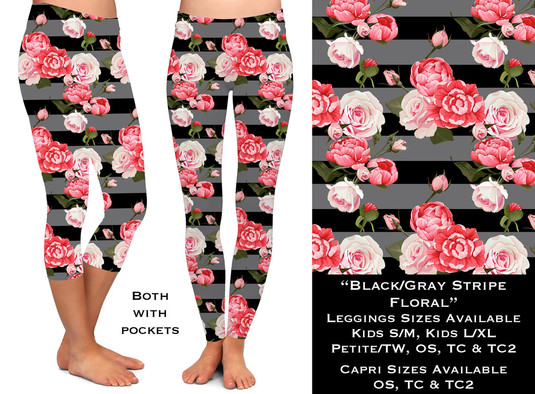 Black & Gray Stripe Floral - Leggings & Capris - Sunshine Styles Boutique