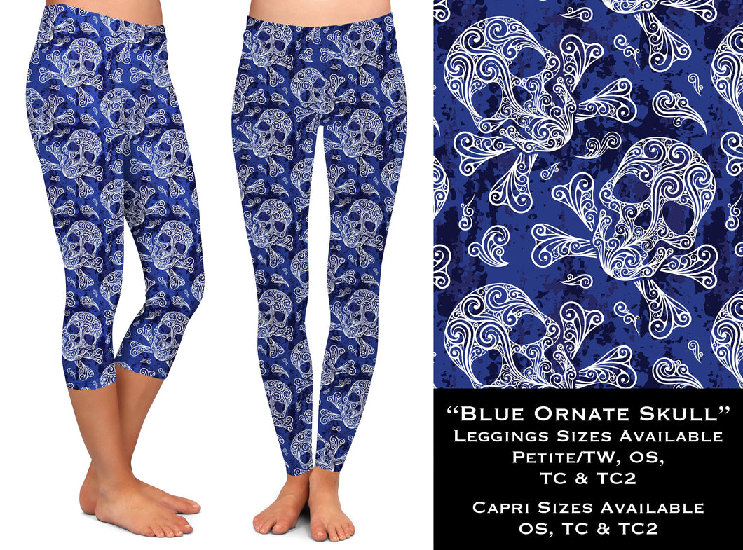 Blue Ornate Skulls - Leggings & Capris