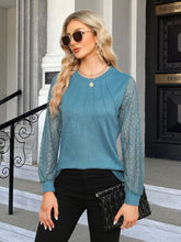 Waffle-Knit Round Neck Long Sleeve Blouse